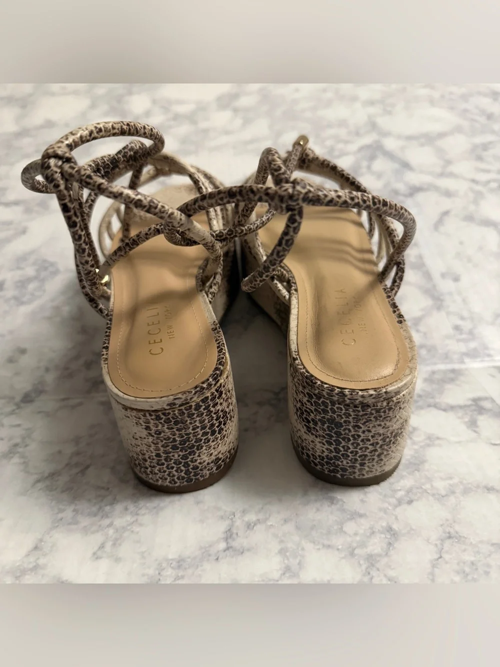 CECILIA NY Cream Snake-Print Chunky Platform Sandals Strappy Tie Summer Size 9